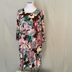 Dear Scarlett floral swing mini dress stretch medium brown pink yellow pockets m